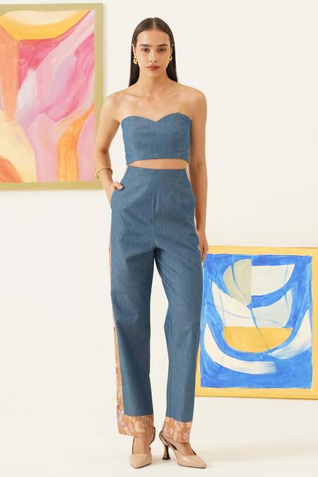 Sunandini_Yellow Viscose, Cotton Embroidery Collared Floral Print Shirt And Trouser Set _Online_at_Aza_Fashions