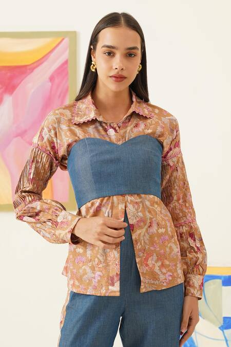 Buy_Sunandini_Yellow Viscose, Cotton Embroidery Collared Floral Print Shirt And Trouser Set _Online_at_Aza_Fashions