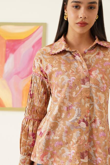 Sunandini_Yellow Viscose, Cotton Embroidery Collared Floral Print Shirt And Trouser Set _at_Aza_Fashions