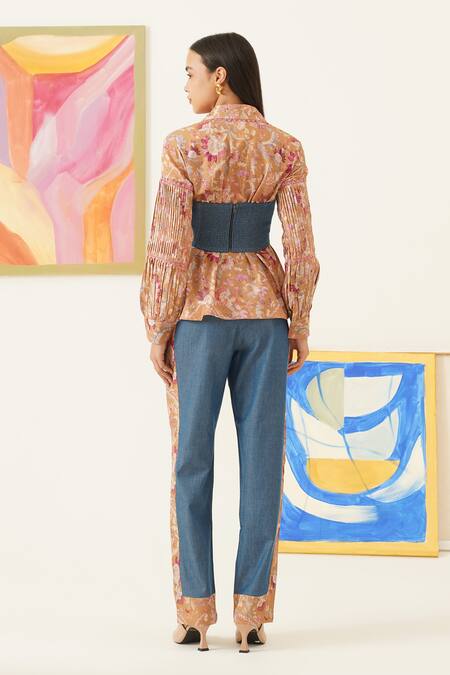 Buy_Sunandini_Yellow Viscose, Cotton Embroidery Collared Floral Print Shirt And Trouser Set 