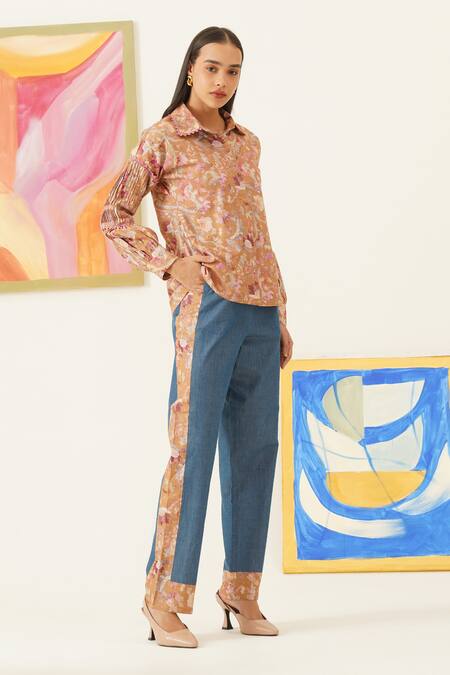 Shop_Sunandini_Yellow Viscose, Cotton Embroidery Collared Floral Print Shirt And Trouser Set 