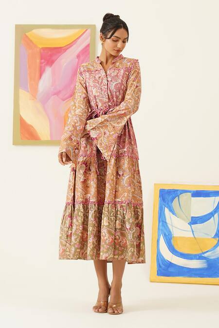 Sunandini_Multi Color Viscose, Wool Lace Mandarin Collar Block Floral Print Dress _Online_at_Aza_Fashions