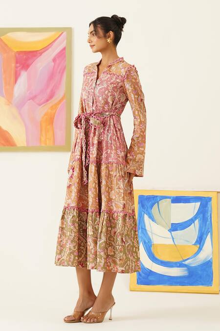 Buy_Sunandini_Multi Color Viscose, Wool Lace Mandarin Collar Block Floral Print Dress _Online_at_Aza_Fashions