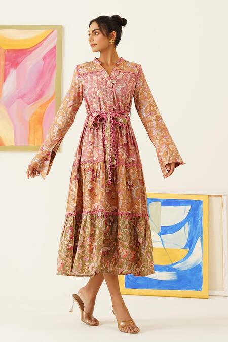 Shop_Sunandini_Multi Color Viscose, Wool Lace Mandarin Collar Block Floral Print Dress _Online_at_Aza_Fashions