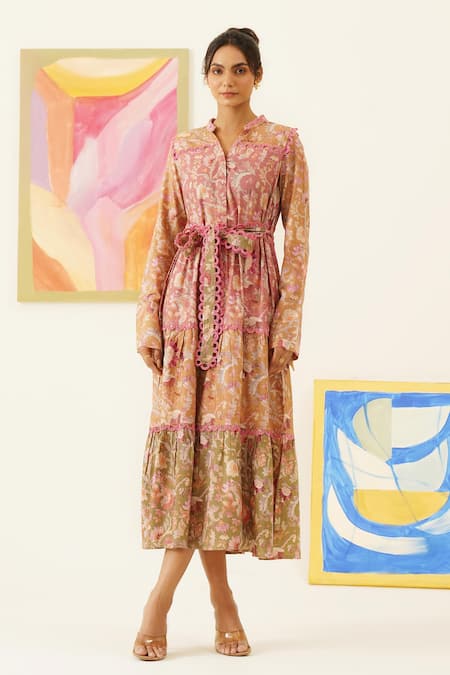 Sunandini Color Block Floral Print Dress With Belt 