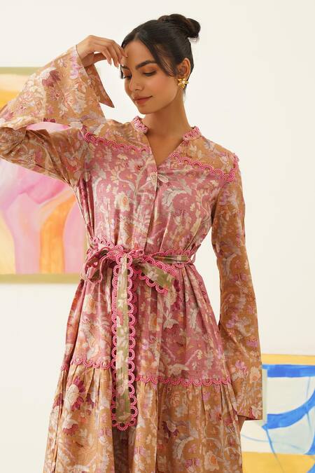 Sunandini_Multi Color Viscose, Wool Lace Mandarin Collar Block Floral Print Dress _at_Aza_Fashions