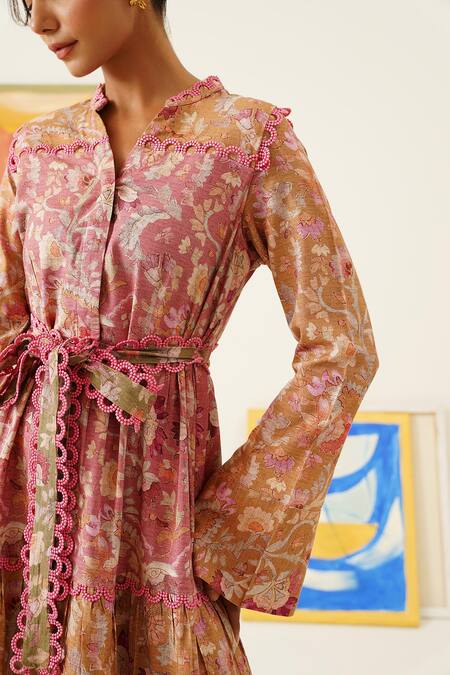 Buy_Sunandini_Multi Color Viscose, Wool Lace Mandarin Collar Block Floral Print Dress 