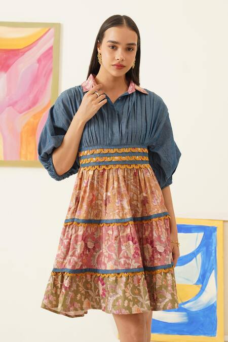 Sunandini_Multi Color Cotton, Viscose Lace Collared Floral Print Dress _Online_at_Aza_Fashions