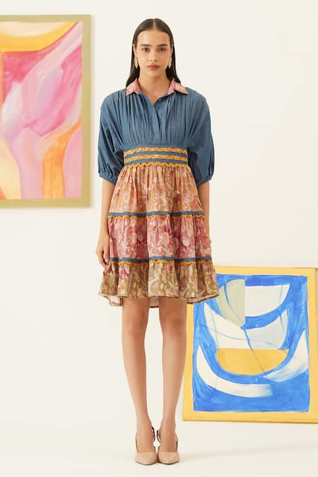 Buy_Sunandini_Multi Color Cotton, Viscose Lace Collared Floral Print Dress _Online_at_Aza_Fashions