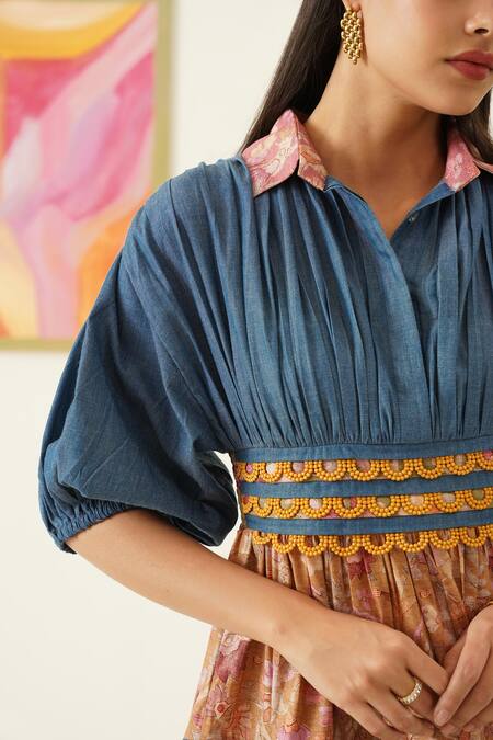 Shop_Sunandini_Multi Color Cotton, Viscose Lace Collared Floral Print Dress _Online_at_Aza_Fashions