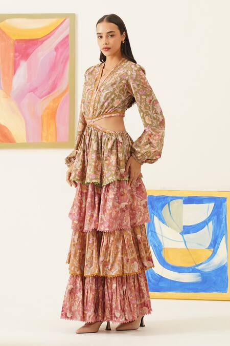 Sunandini_Multi Color Viscose, Wool Lace, Embroidery Floral Print Layered Maxi Dress _Online_at_Aza_Fashions