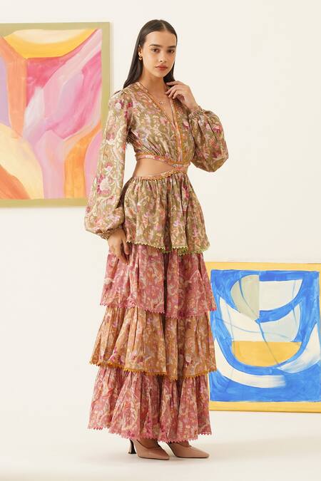 Buy_Sunandini_Multi Color Viscose, Wool Lace, Embroidery Floral Print Layered Maxi Dress _Online_at_Aza_Fashions