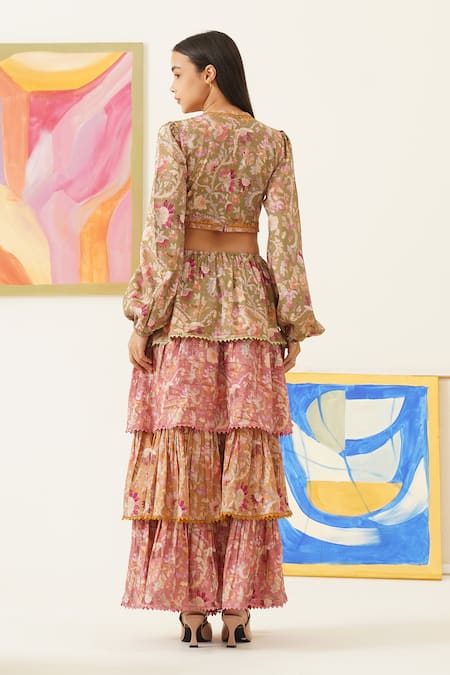 Sunandini Multi Color Floral Print Layered Maxi Dress 