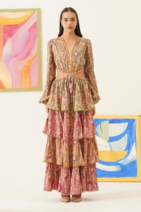 Sunandini Multi Color Floral Print Layered Maxi Dress 