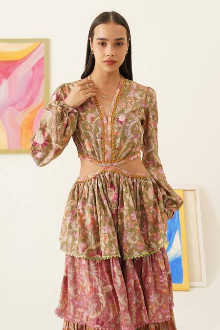 Shop_Sunandini_Multi Color Viscose, Wool Lace, Embroidery Floral Print Layered Maxi Dress _Online_at_Aza_Fashions
