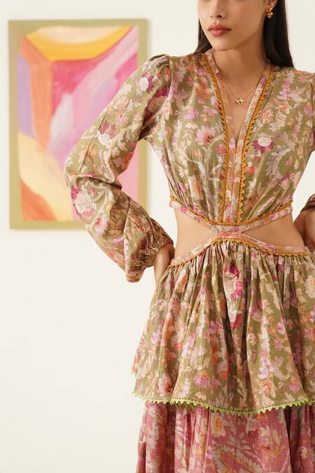 Sunandini_Multi Color Viscose, Wool Lace, Embroidery Floral Print Layered Maxi Dress _at_Aza_Fashions