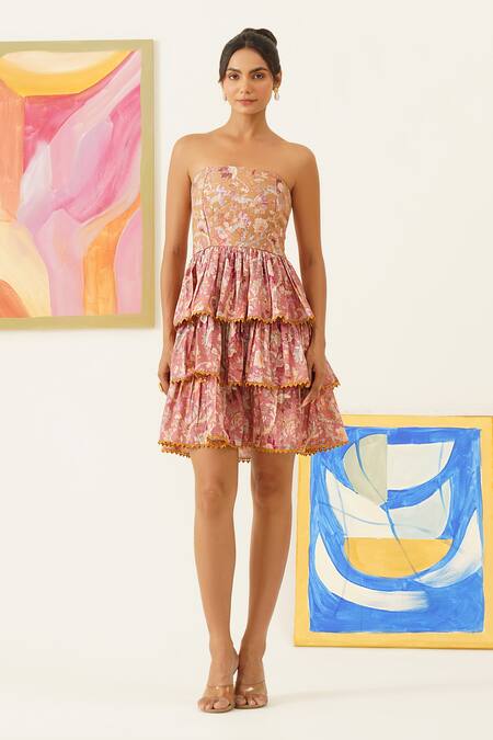 Buy_Sunandini_Pink Viscose, Wool, Cotton Embroidery Open Neck Floral Print Layered Tube Dress _Online_at_Aza_Fashions