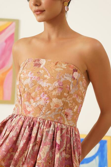 Sunandini_Pink Viscose, Wool, Cotton Embroidery Open Neck Floral Print Layered Tube Dress _at_Aza_Fashions