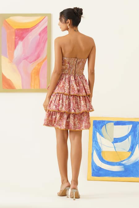 Sunandini_Pink Cotton, Viscose Embroidery, Lace Collared Floral Print Coat And Dress Set _Online_at_Aza_Fashions