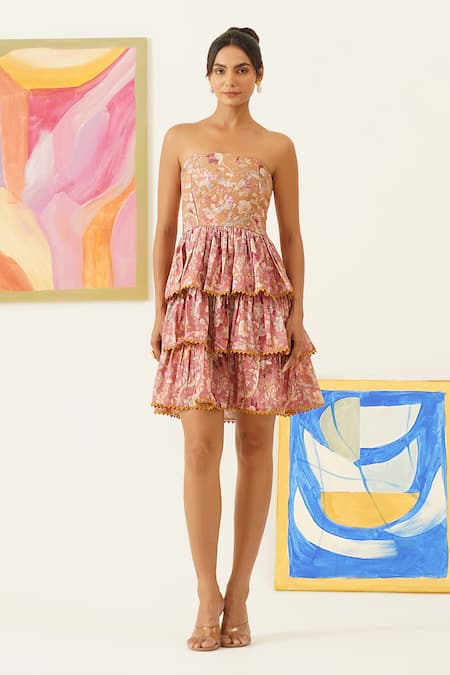 Buy_Sunandini_Pink Cotton, Viscose Embroidery, Lace Collared Floral Print Coat And Dress Set _Online_at_Aza_Fashions