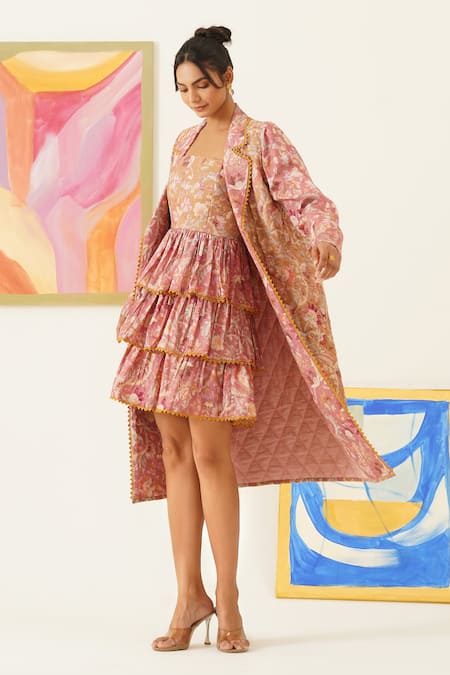 Sunandini_Pink Cotton, Viscose Embroidery, Lace Collared Floral Print Coat And Dress Set _at_Aza_Fashions