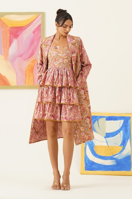 Sunandini Floral Print Coat With Dress 