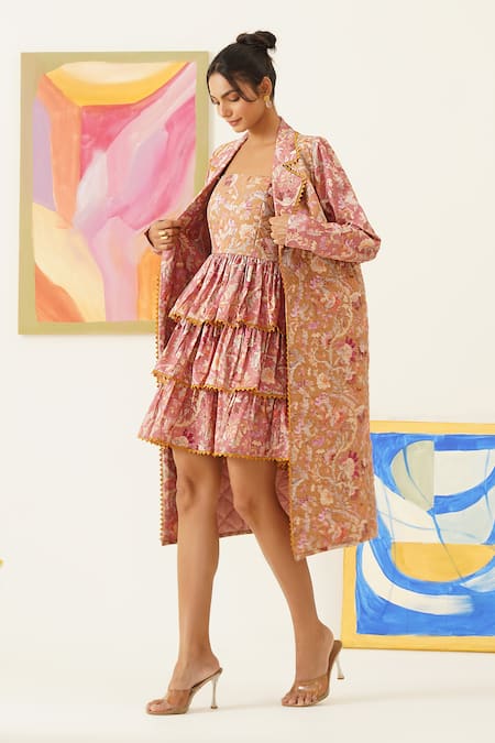 Buy_Sunandini_Pink Cotton, Viscose Embroidery, Lace Collared Floral Print Coat And Dress Set 