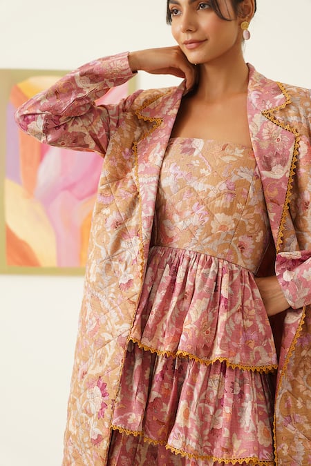 Shop_Sunandini_Pink Cotton, Viscose Embroidery, Lace Collared Floral Print Coat And Dress Set 