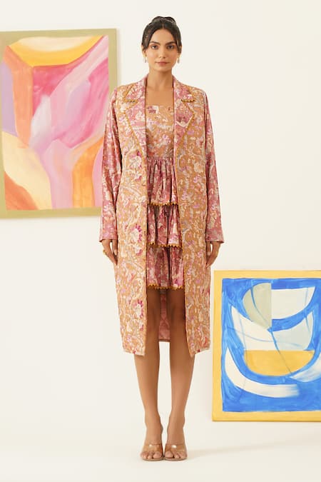 Sunandini_Pink Viscose, Cotton Lace Floral Print Long Coat _Online_at_Aza_Fashions