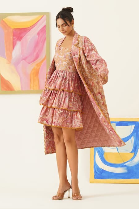 Buy_Sunandini_Pink Viscose, Cotton Lace Floral Print Long Coat _Online_at_Aza_Fashions