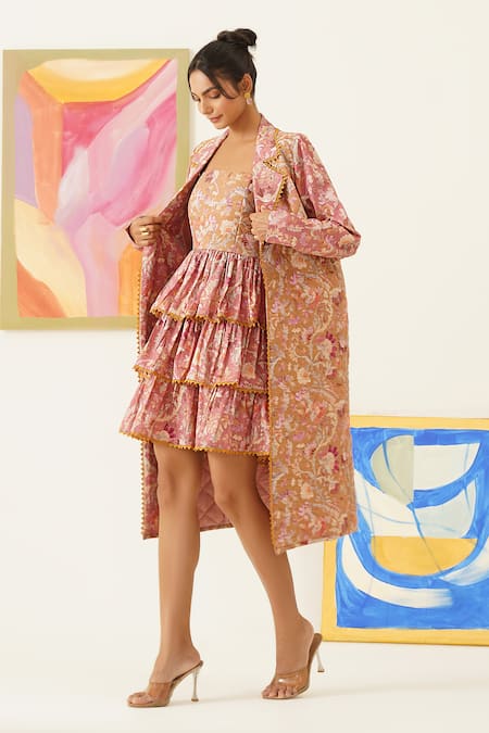 Shop_Sunandini_Pink Viscose, Cotton Lace Floral Print Long Coat _Online_at_Aza_Fashions