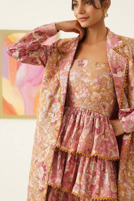 Sunandini_Pink Viscose, Cotton Lace Floral Print Long Coat _at_Aza_Fashions
