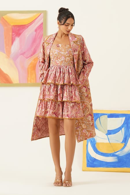 Sunandini Pink Floral Print Long Coat 