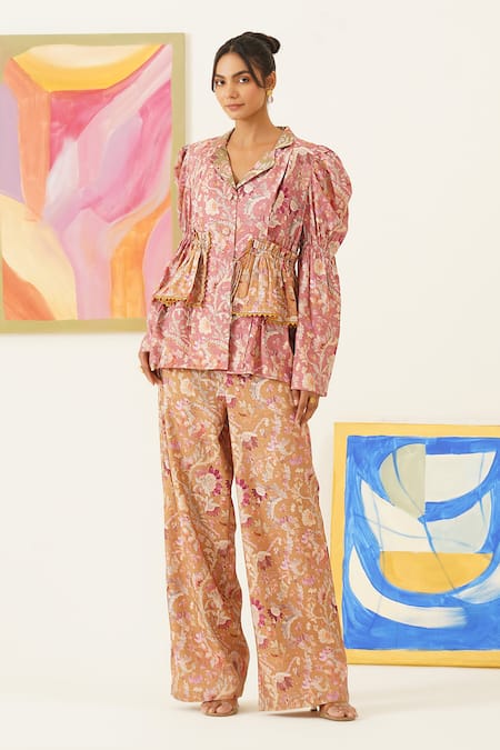 Sunandini_Pink Viscose, Wool Collared Floral Print Top And Pant Set _Online_at_Aza_Fashions