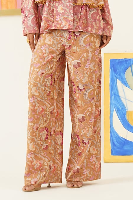 Buy_Sunandini_Pink Viscose, Wool Collared Floral Print Top And Pant Set _Online_at_Aza_Fashions