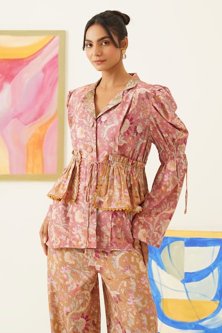 Shop_Sunandini_Pink Viscose, Wool Collared Floral Print Top And Pant Set _Online_at_Aza_Fashions