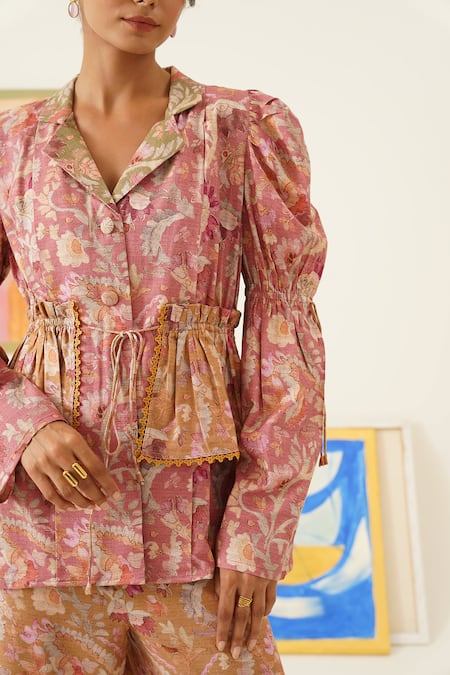 Sunandini_Pink Viscose, Wool Collared Floral Print Top And Pant Set _at_Aza_Fashions
