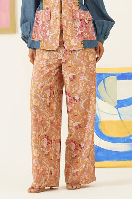 Sunandini_Yellow Viscose, Wool Lace, Embroidery Floral Print Blazer And Pant Set _Online_at_Aza_Fashions