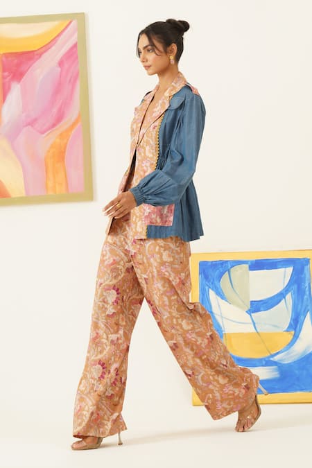 Buy_Sunandini_Yellow Viscose, Wool Lace, Embroidery Floral Print Blazer And Pant Set _Online_at_Aza_Fashions