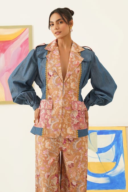 Shop_Sunandini_Yellow Viscose, Wool Lace, Embroidery Floral Print Blazer And Pant Set _Online_at_Aza_Fashions