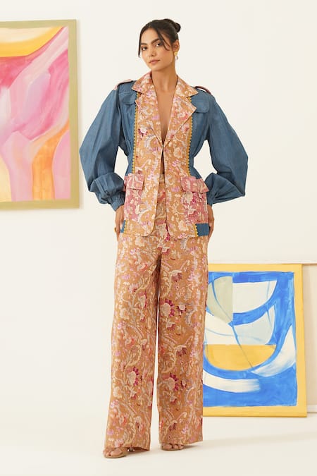 Buy_Sunandini_Yellow Viscose, Wool Lace, Embroidery Floral Print Blazer And Pant Set 