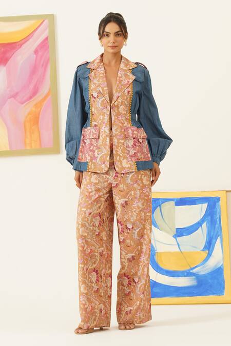 Sunandini_Yellow Viscose, Wool Embroidery Floral Print Denim Blazer _Online_at_Aza_Fashions