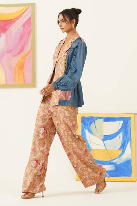 Buy_Sunandini_Yellow Viscose, Wool Embroidery Floral Print Denim Blazer _Online_at_Aza_Fashions