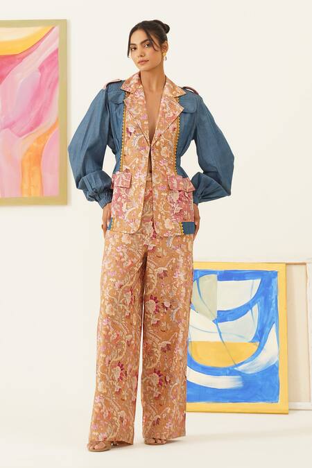 Shop_Sunandini_Yellow Viscose, Wool Embroidery Floral Print Denim Blazer _Online_at_Aza_Fashions