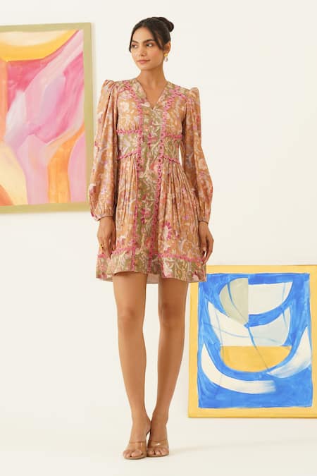 Sunandini Color Block Floral Print Dress 