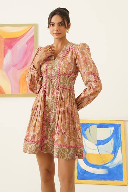 Shop_Sunandini_Multi Color Viscose, Wool Lace V-neck Block Floral Print Dress _Online_at_Aza_Fashions