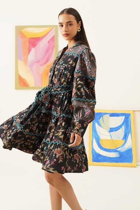 Sunandini_Black Viscose, Wool Mandarin Collar Floral Bloom Print Dress _Online_at_Aza_Fashions