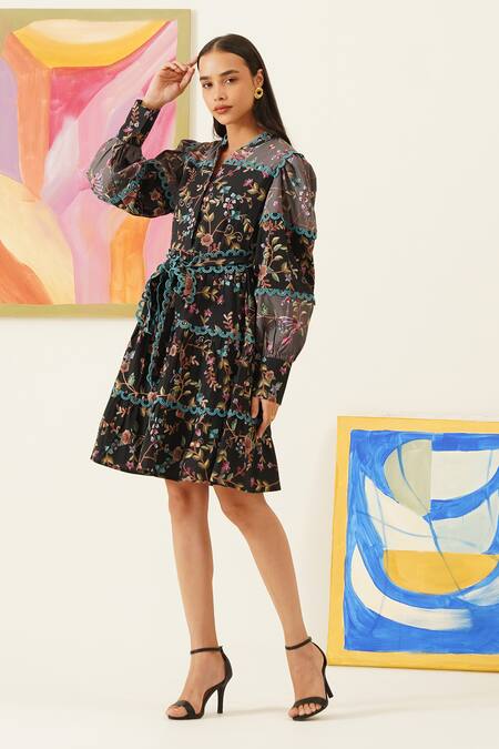 Buy_Sunandini_Black Viscose, Wool Mandarin Collar Floral Bloom Print Dress _Online_at_Aza_Fashions