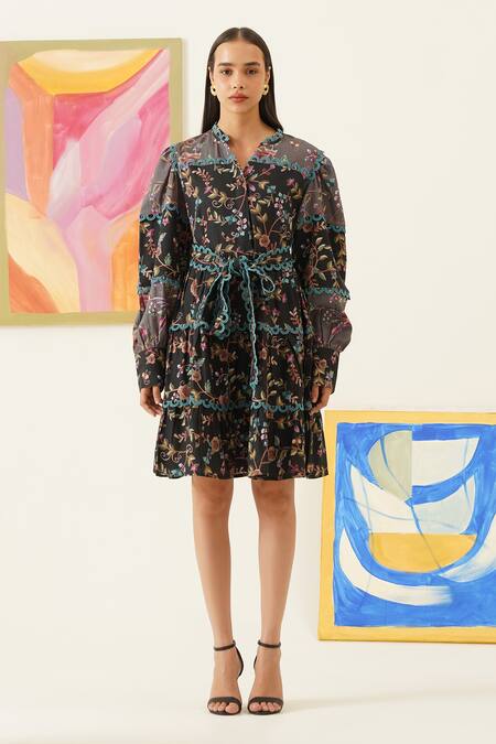 Shop_Sunandini_Black Viscose, Wool Mandarin Collar Floral Bloom Print Dress _Online_at_Aza_Fashions