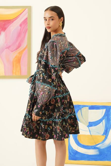 Sunandini_Black Viscose, Wool Mandarin Collar Floral Bloom Print Dress _at_Aza_Fashions